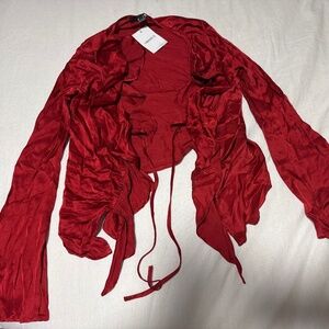 Red front tie up satin blouse